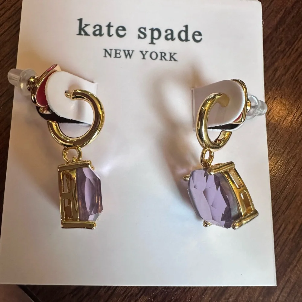 Kate Spade Gold Huggie Earrings with Purple Stones NEW‎